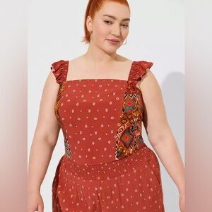 Torrid Terracotta Challis Tribal Boho Aztec Smocked Ruffle Trim Top XL